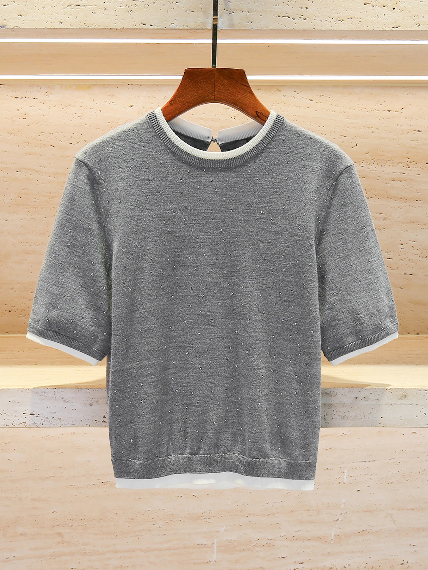 

M Home Nan You High End Women's Summer 2025 Small Fraance Sle Rhinestone Knitted Top T-irt Casual Commute Sle