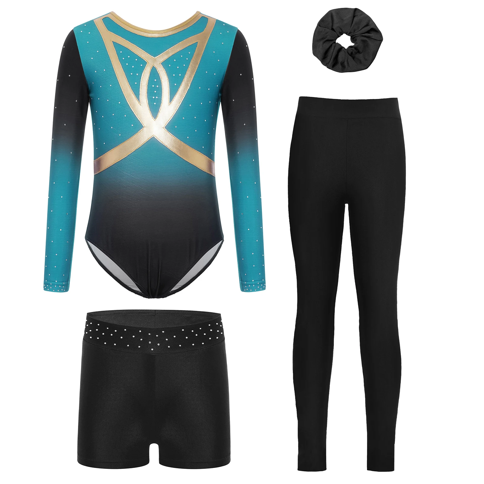 Crianças meninas ginástica artística ballet dança traje manga longa strass brilhantes cor gradiente collant + shorts + faixa de cabelo conjunto