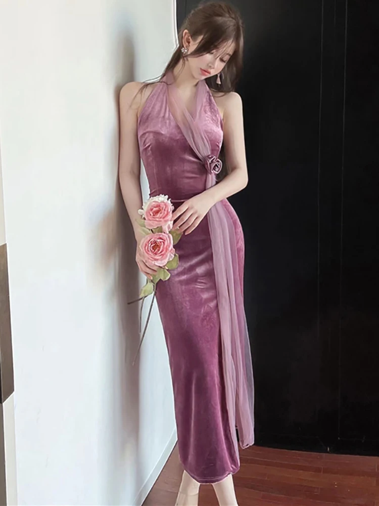 Otoño Invierno vestido de malla de retales de terciopelo rosa mujer elegante vestido Sexy montado en el cuello 2025 vestido de fiesta de lujo Vintage coreano