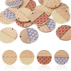 1Box Printed Resin Wood Earring Pendants Flat Round with Flower Pattern Wooden Charm for DIY Bohemian Necklace Jewelry Making