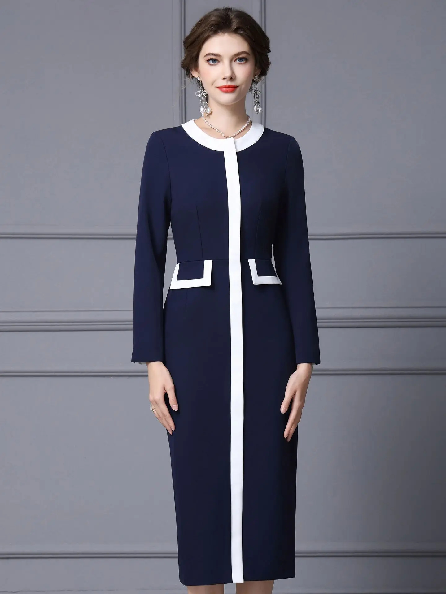 ZJYT Runway Fashion Autumn Color Block White and Blue Office Dress Women Elegant Long Sleeve Brief Midi Straight Dresses Vestido