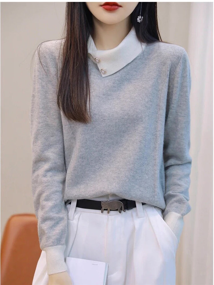 Autumn Winter Elegant Pullover Knitted Sweater Women Turn-down Collar Elasticity Sweaters Long Sleeve Tops Black