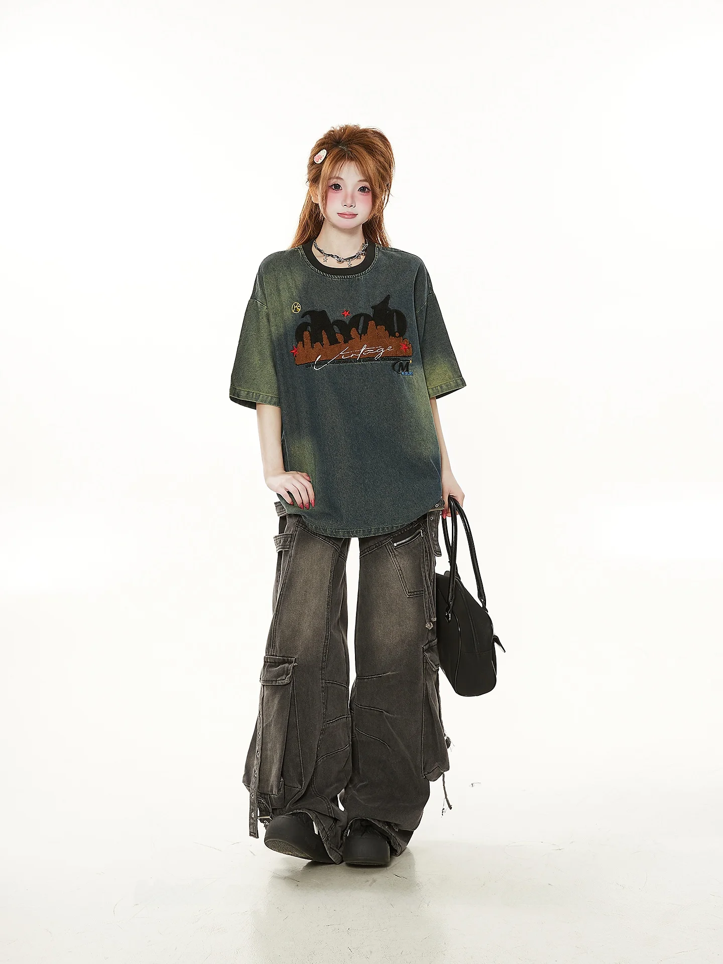 

Ретро-американская футболка с коротким рукавом из хлопка и полиэстера с эффектом потертости, женская летняя повседневная, для пар, модный брендовый топ с круглым вырезом