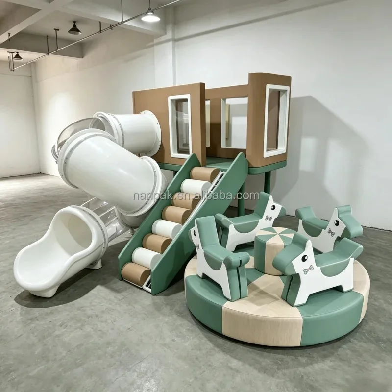 Green&Neutral Indoor Soft Playground House Kids Spiral Slide Climb Play With Carousel Ride | for Play Cafe Mall Party Age 1-8