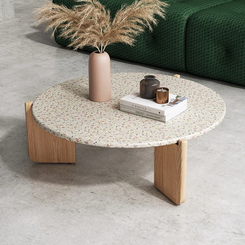 Cream style living room coffee table extremely simple and practical, original oak foot household terrazzo round coffee table