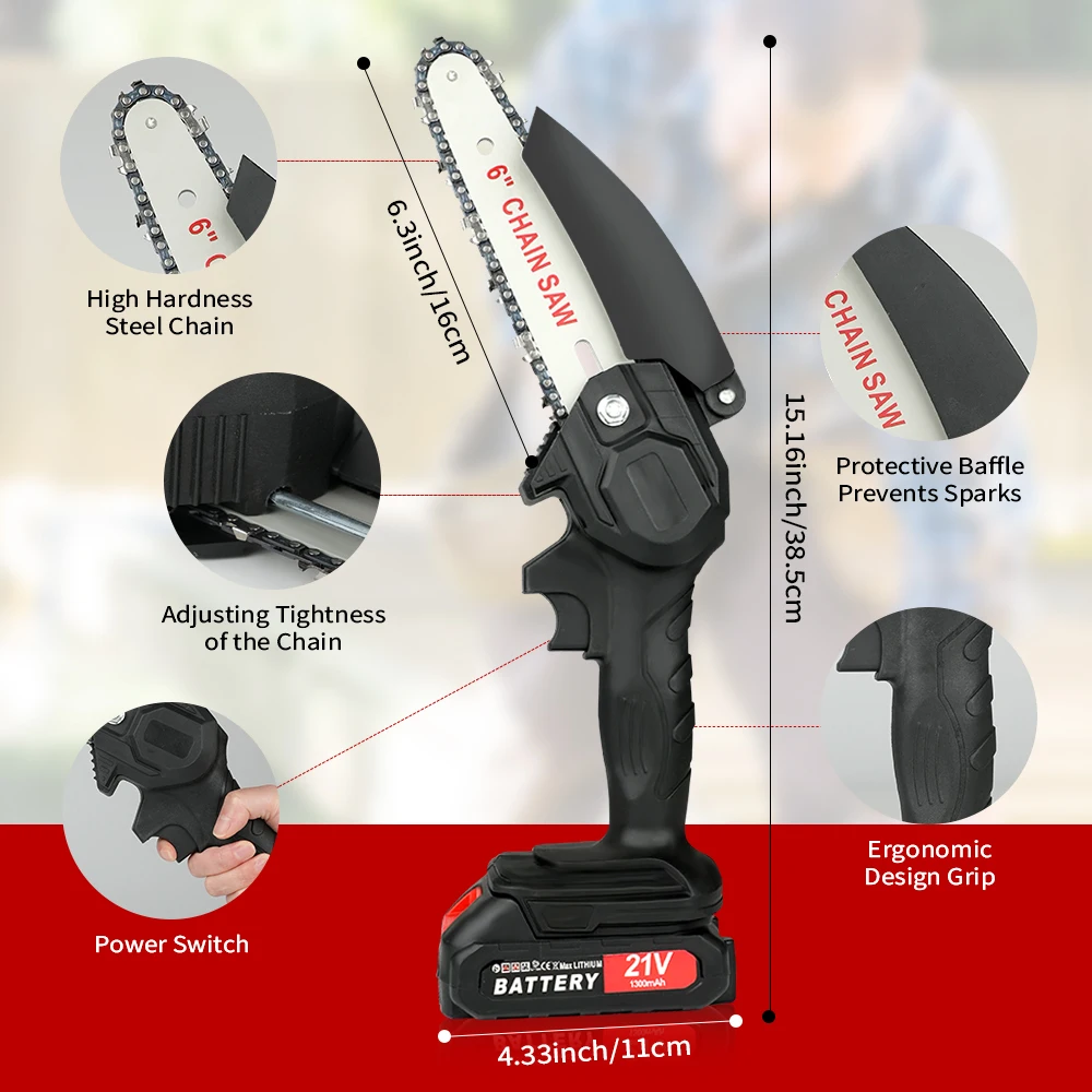 6-Inch Mini Electric Chainsaw for Home Use – Cordless Electric Pruning Saw Power Tool. Features a Lithium Battery and a 4.6-Inch Guide Bar and Chain; Suitable for Garden, orchard, and Yard Pruning, Wood Cutting, and More.