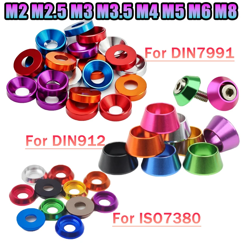 M2 M2.5 M3 M3.5 M4 M5 M6 M8 Colorful Aluminium Washers Spherical Conical Gasket Spacers for DIN912 DIN7991 ISO7380 Bolt Screw