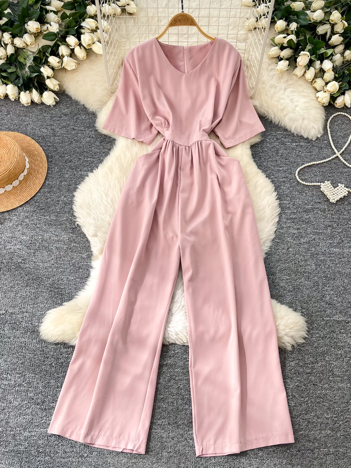 

Korean Style Commuter V-neck Short Sleeve One-piece Pants Women's Summer High Waist Slimming Drapey Wide Leg Pants Elegance