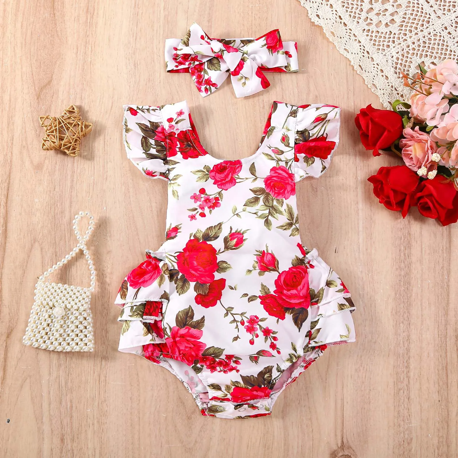 

Newborn Infant Baby Girls Summer Sweet Lovely 2PCS Romper Floral Print Red Short Petal Sleeve O-Neck Jumpsuits With Headbands
