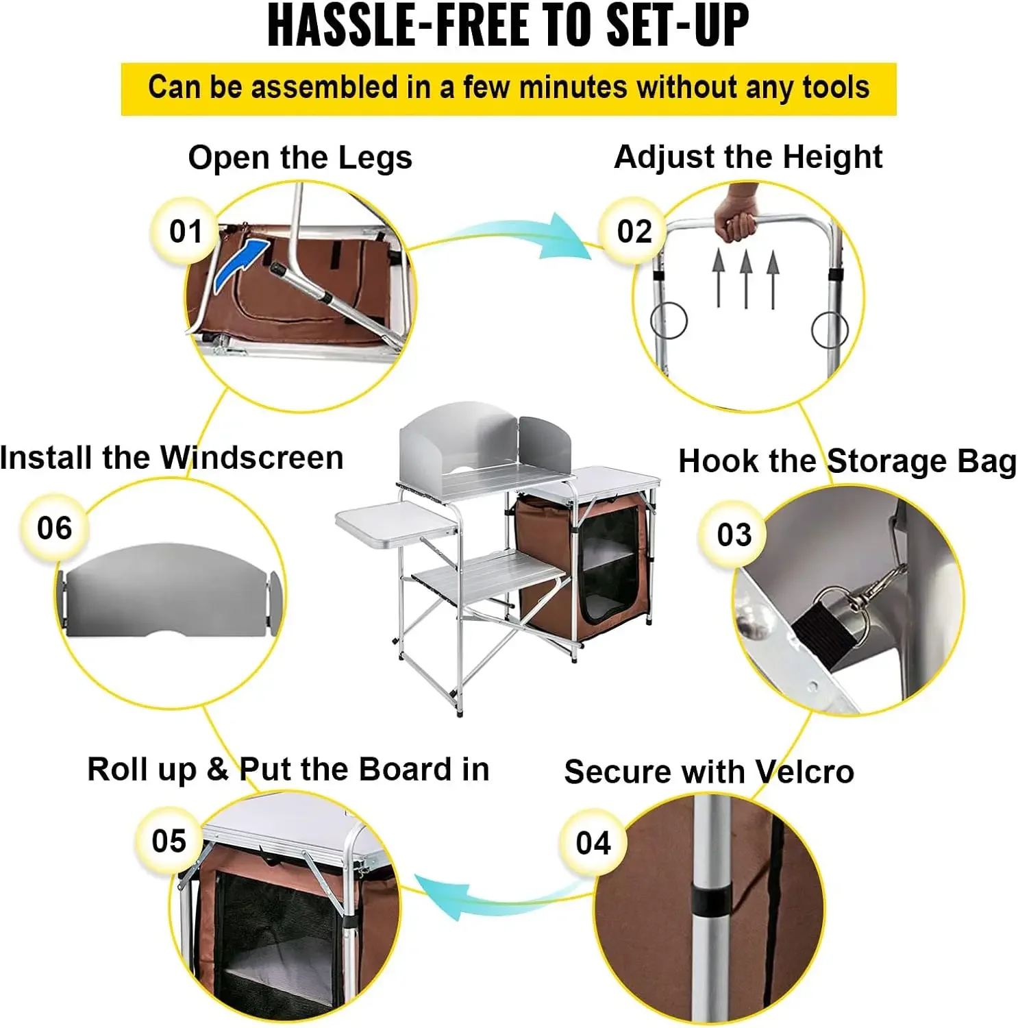 Camping Kitchen Table, Aluminum Portable Folding Camp Cook Station with Windscreen, Cupboard, Storage Organizer, Carrying Bag