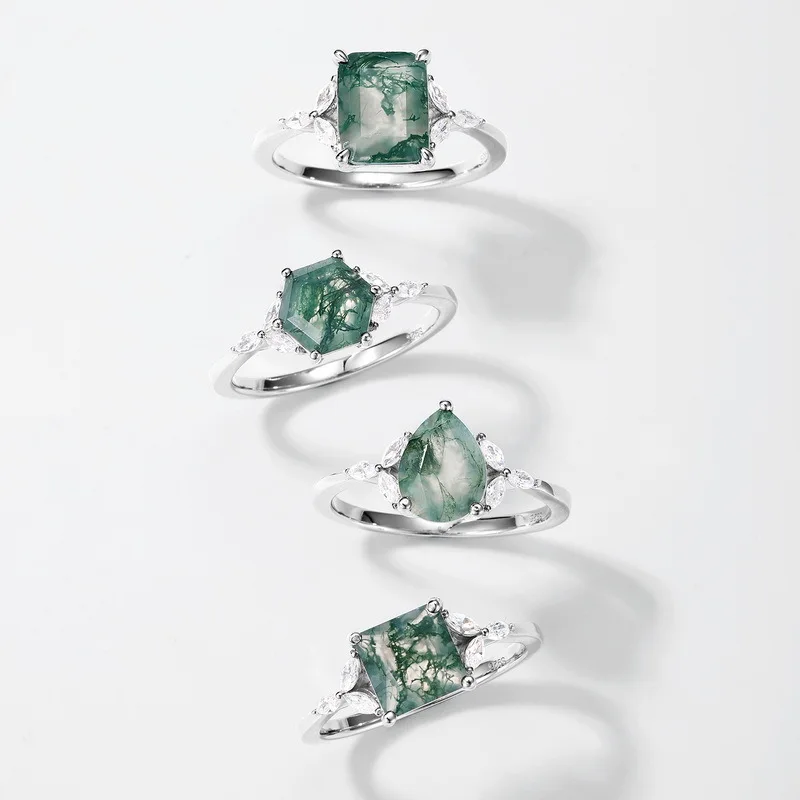 ALLNOEL 925 Sterling Silver 8mm Natural Green Mossy Stone Stacked Ring Inlaid Geometric Aquatic Agate Fine Jewelry for Women