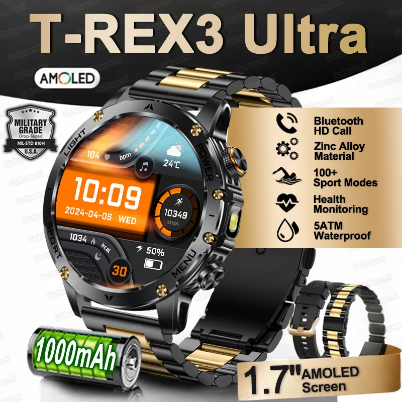 

2026 New T-REX3 Watch 1000mAh Battery Smart Watch 5ATM Waterproof GPS Bluetooth Call 1.7"AMOLED Screen Sports Smart Watches Man