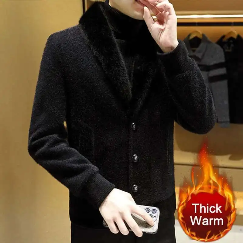 Winter Style Plush Thick Golden Mink Jacket Long Slim Woolen Coat Jacket Casual Social Overcoat Windbreaker Men Jackets Clothing