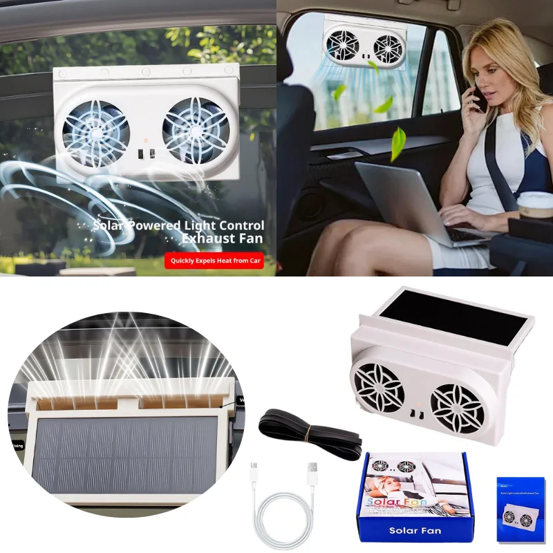 Dual Fan Solar Car Cooler Vent Fan Light Sensing Auto Exhaust Heat Remove Fan USB Rechargeable Car Window Cooling Fan