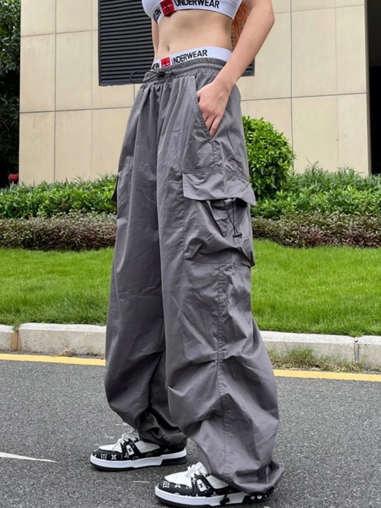 Y2K المظلة السراويل السوداء النساء الهبي الشارع الشهير جيوب كبيرة الحجم البضائع السراويل Harajuku واسعة الساق فضفاض Sweatpants