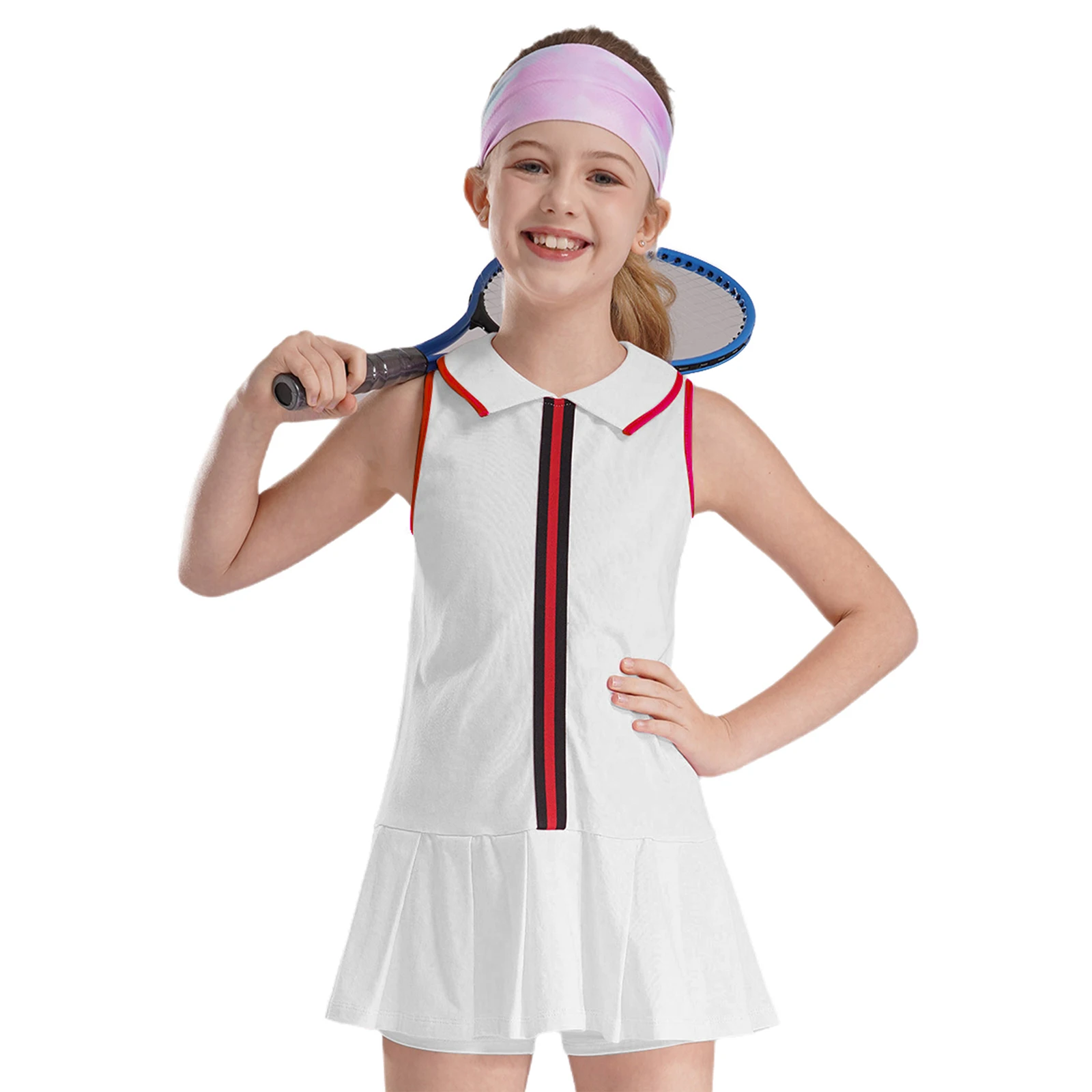 Kids Tennis Dress for Girls Turn-Down Collar Sleeveless Pleated Dresses with Shorts for Sports Badminton Cheerleading Golf Dress