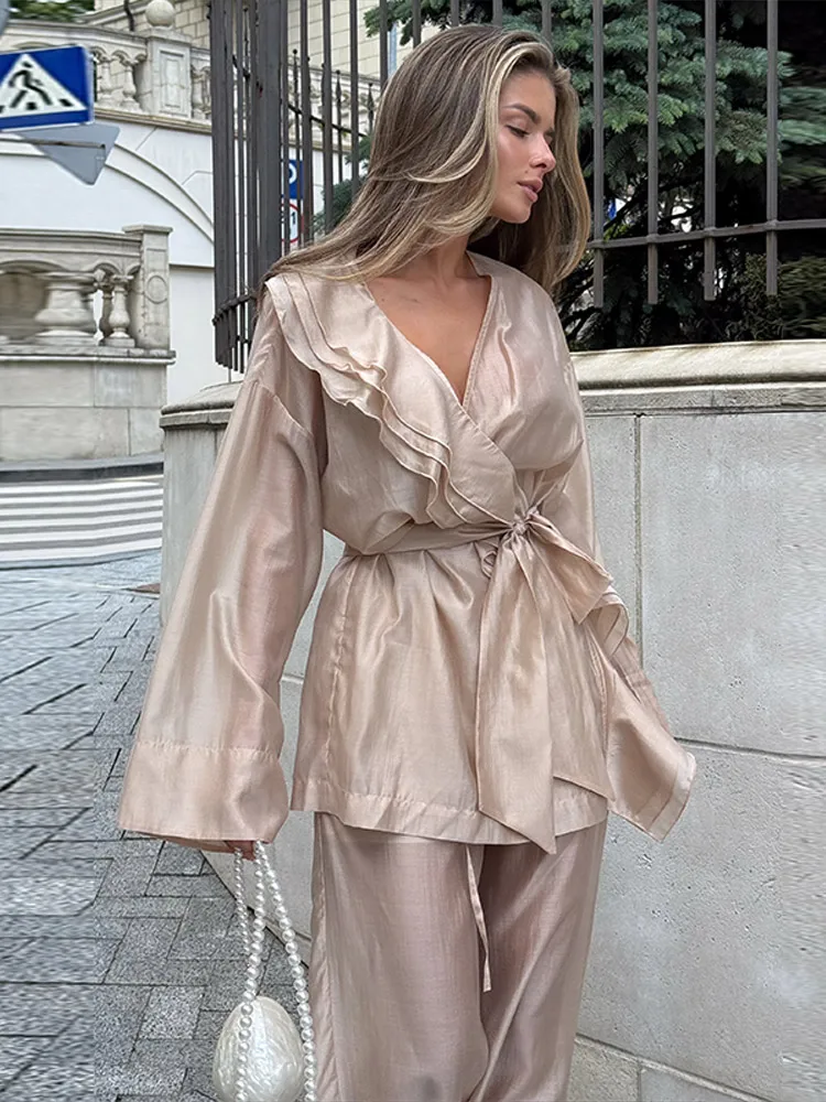 V-Ausschnitt Rüschen Schnürbluse Hosen 2-teiliges Set Damen Sexy Langarm Lockere Bluse Weite Hosen Schicke Damen Outfits Neu – Detail 14