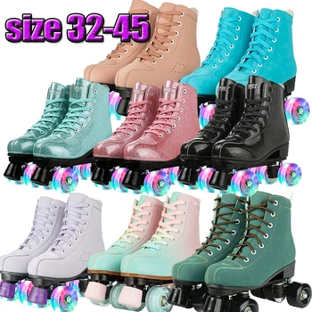 Rosa Lila Blau Damen Zweireihige Rollschuhe Leder Atmungsaktive 4-Rad-Schiebe-Skating-Rollen-Turnschuhe Größe 31 32 33 34 35