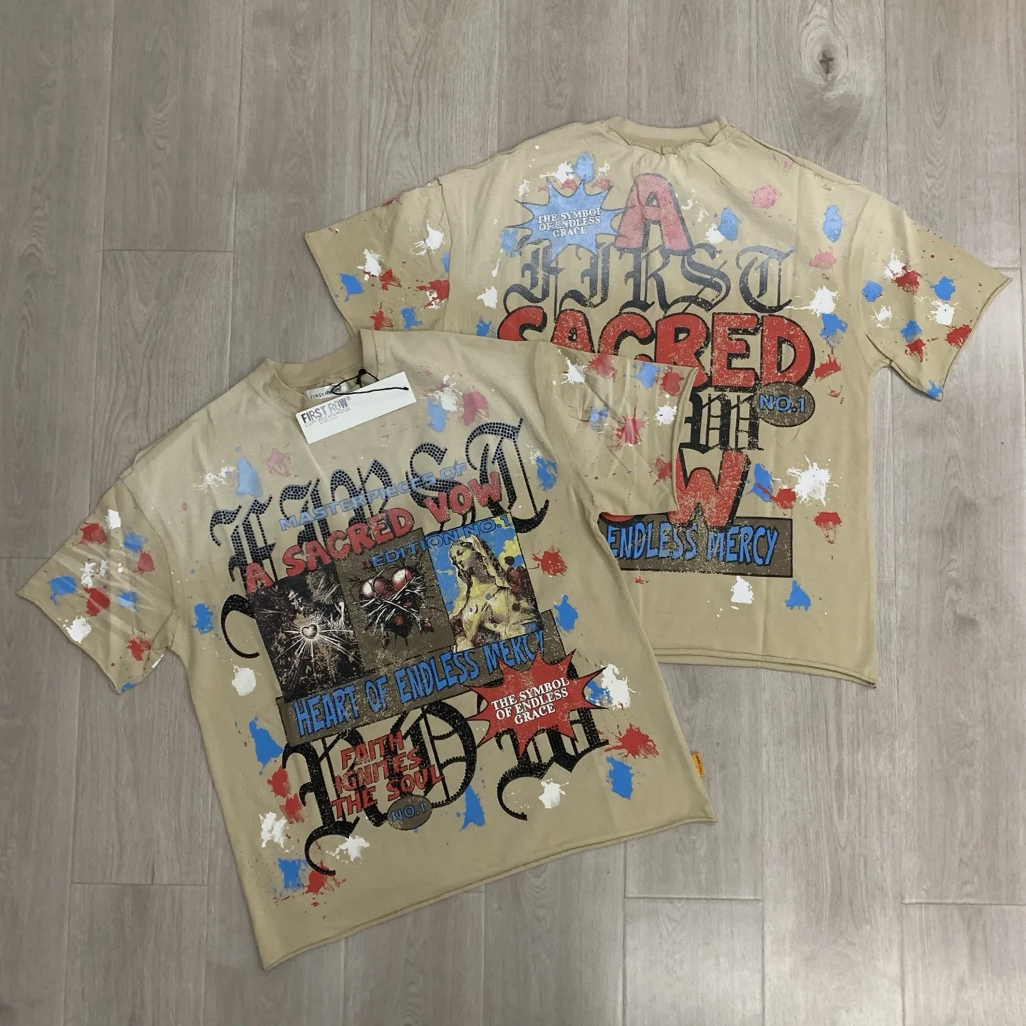 First Row Retro A Sacred Vow Masterpiece Art Vintage Washed Diamond Washed Water-Damaged Short Sleeve Shirt