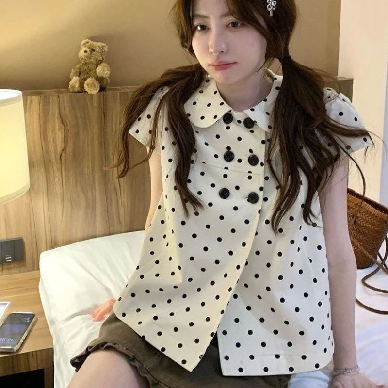 

Cute Sweet Print Polka Dot Button Short Sleeve Blouse New Summer Youth All-match Korean Shirt Tops Fashion Elegant Women Clothes