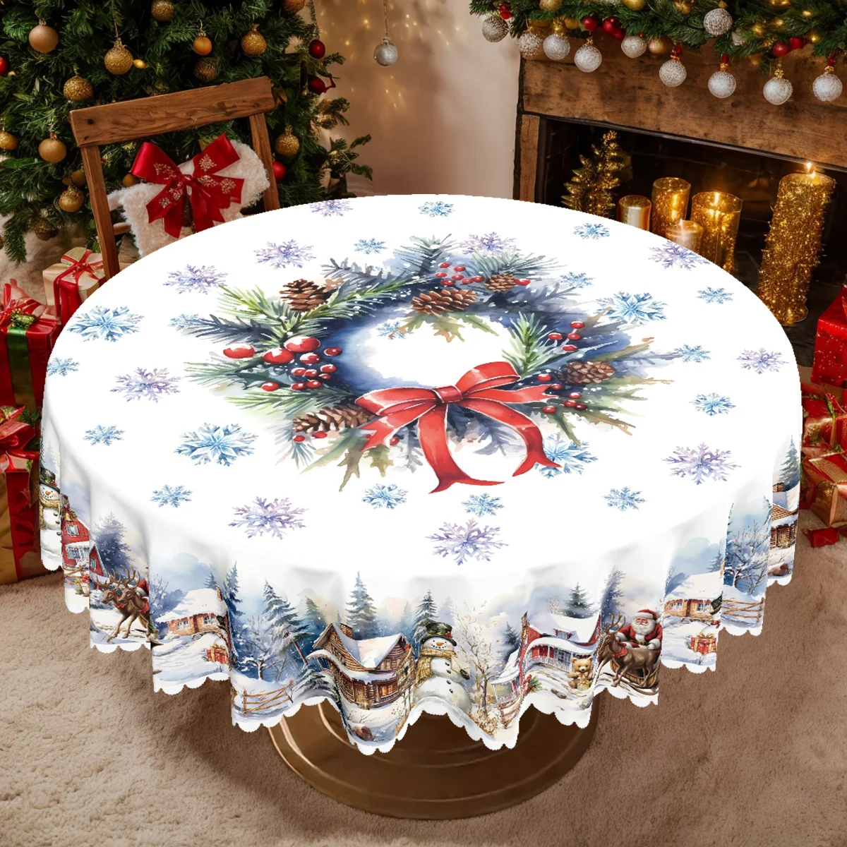 1 Christmas winter snowman Santa tablecloth with garland and snow design - round or rectangular polyester tabletop covering