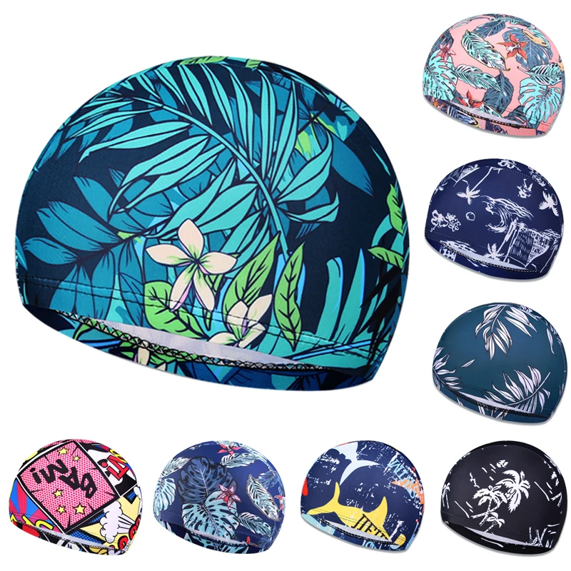 New Printed Men Swimming Cap Women Long Hair Swim Pool Hat Sports Adults Protect Ears Nylon Swimming Hat Cover for Children Kids