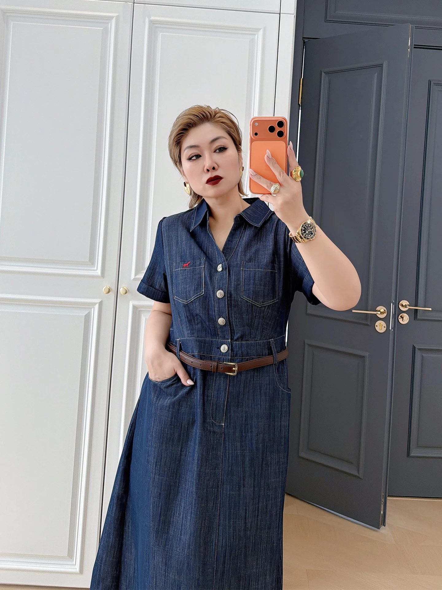 

Casual Commute Vintage Workwear Long Dress plus Size Women Slimming Waist Short Sleeve Dress for Heavy MM up to 200 Pounds