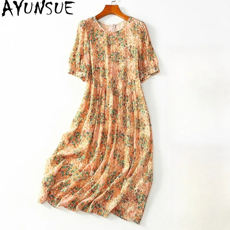

AYUNSUE 100% Mulberry Silk Dresses for Woman Summer Dress for Woman Casual Wear High Quality Women's Clothes Vêtement Femme
