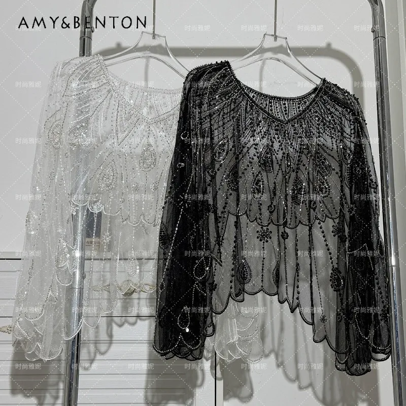

2026 New Summer Women's Chic Wing Shawl Outerwear Tops Shirt Handmade Pearl Beaded Studded Loose Sun Protection Cover Up Blouse