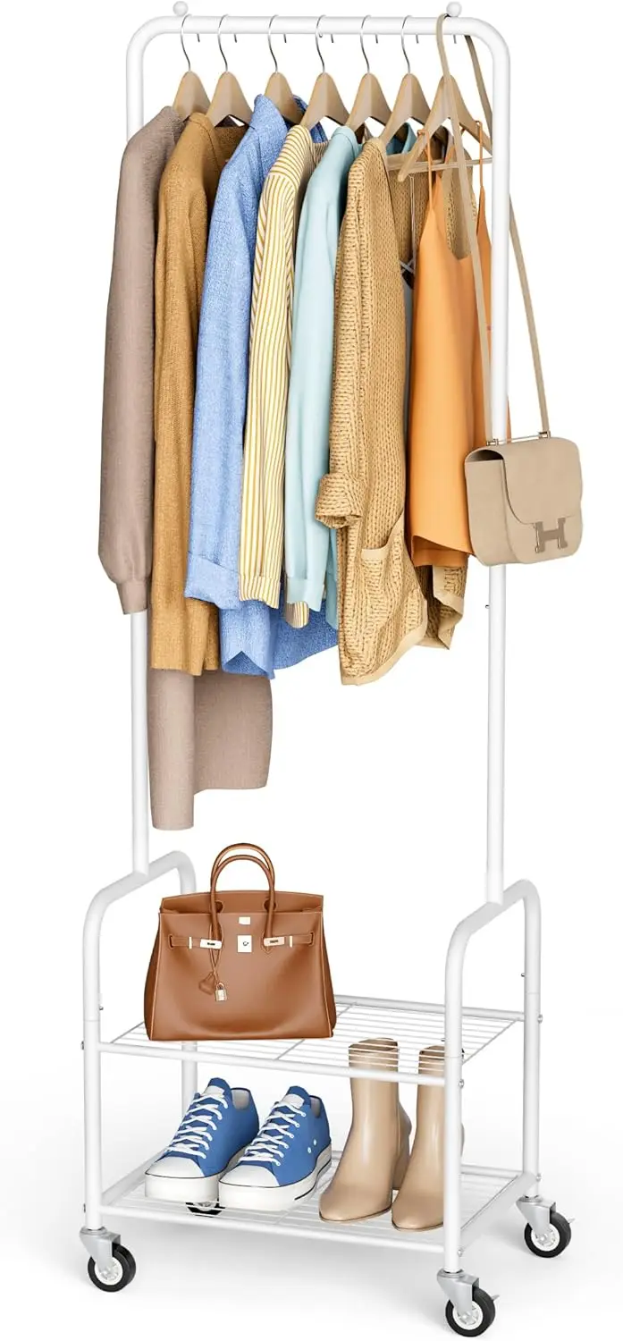 

Small Clothes Rack with Shelves, Metal Sturdy Rolling Clothing Racks for Hanging Clothes, Portable Garment Rack with Wheels f
