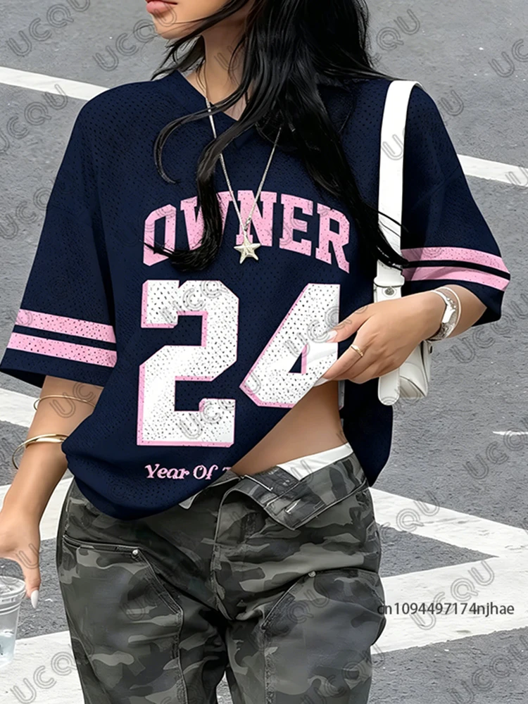 Summer New Retro Owner No.24 Print T-Shirt For Women V-Neck Short Sleeve Sports Tees Football Jersey Y2K Loose Oversized Tops