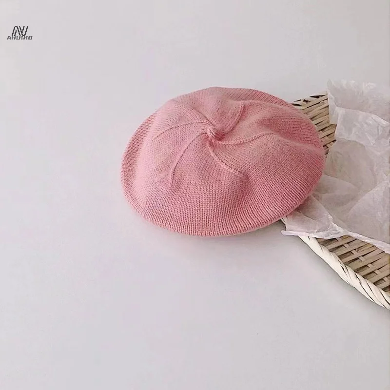 Fashion Cute Baby Knitted Beret Hat Solid Color Children\'s Warm Hats Autumn Winter Cap For Kids Outdoor Bonnet Accessories Gift