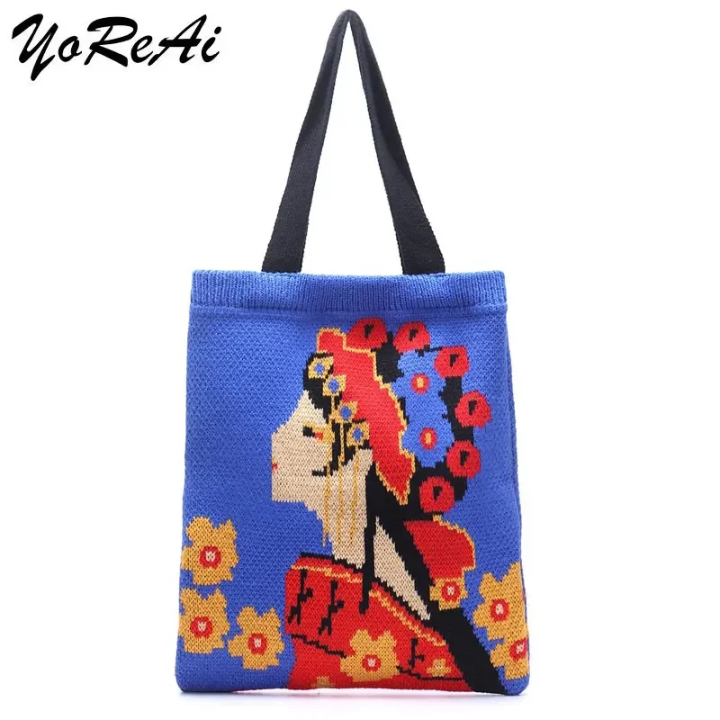 Yoreai Vrouwen Wol Breien Schoudertassen Meisjesachtig Canvas Handtas Retro Tote Grote Capaciteit Boodschappentas Leuke Boek Pack Voor Meisjes