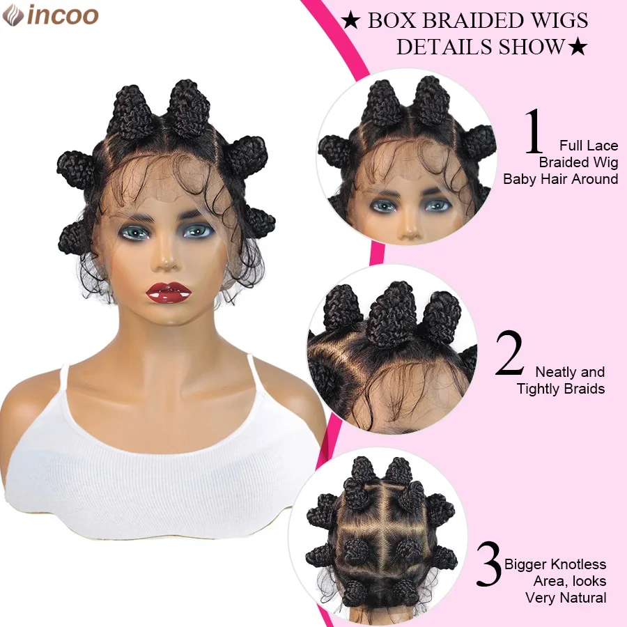 Synthetic Handmade Bantu Knots Braided Wigs Hd Full Lace Knotless Box Braids Wigs African Braiding Hair Wig Twist Buns For Women