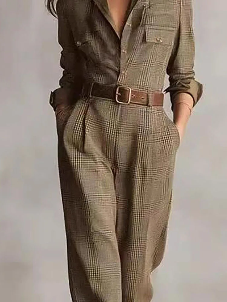 

Ретро клетчатый комбинезон с высокой талией и принтом, осенний комбинезон с длинными рукавами и пуговицами, офисный комбинезон 2025 года, повседневные карманные брюки-карго, комбинезон