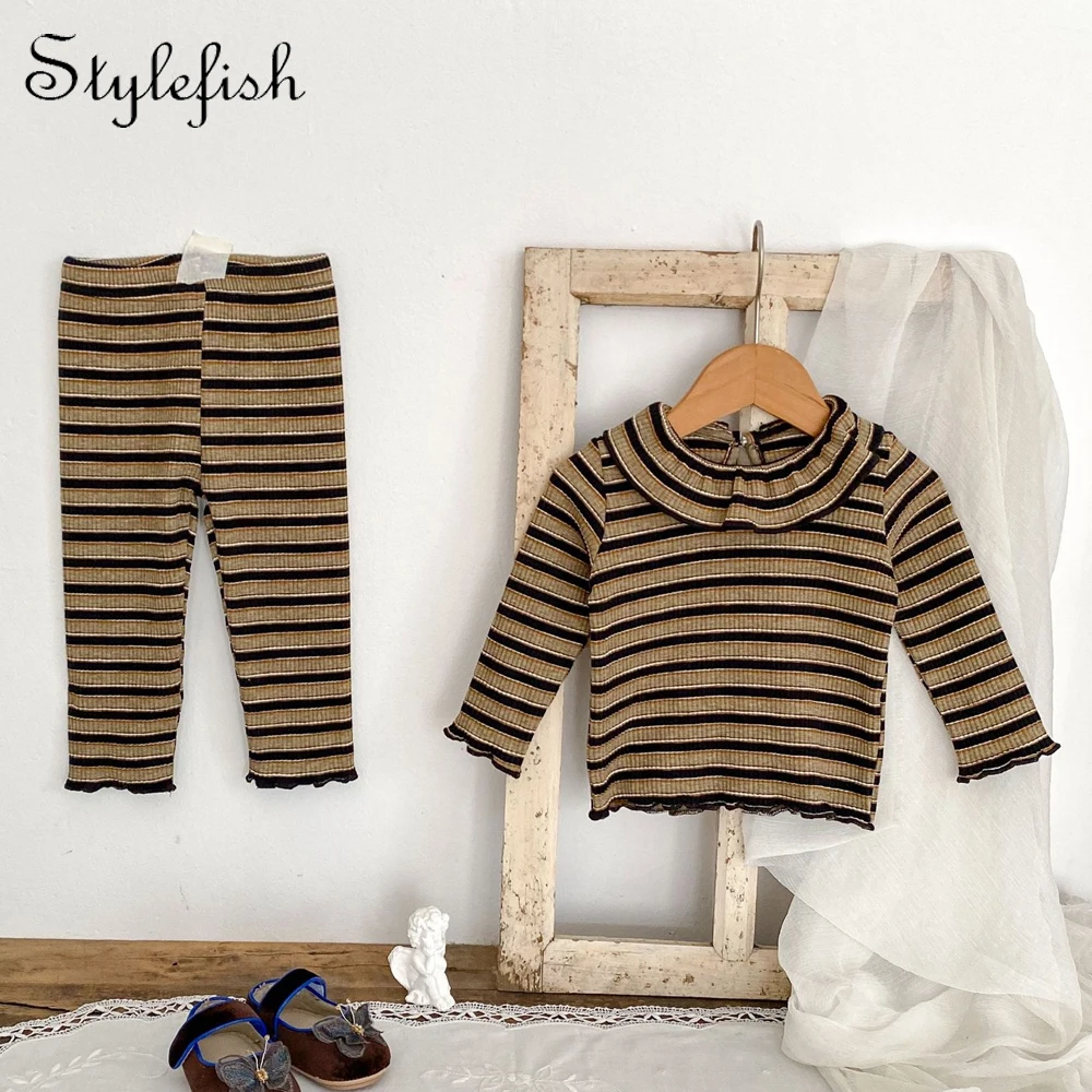 Autumn new style baby clothes 0-3 years old baby clothes baby girl suit Striped lotus leaf collar long-sleeved top pants