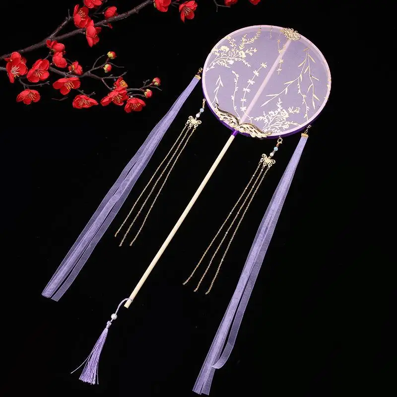 Round Hand Fan Long Handled Fairy Chinese Style Vintage Printed Tassel Ribbon Decorative Dance Fans Women Portable Art Ornaments