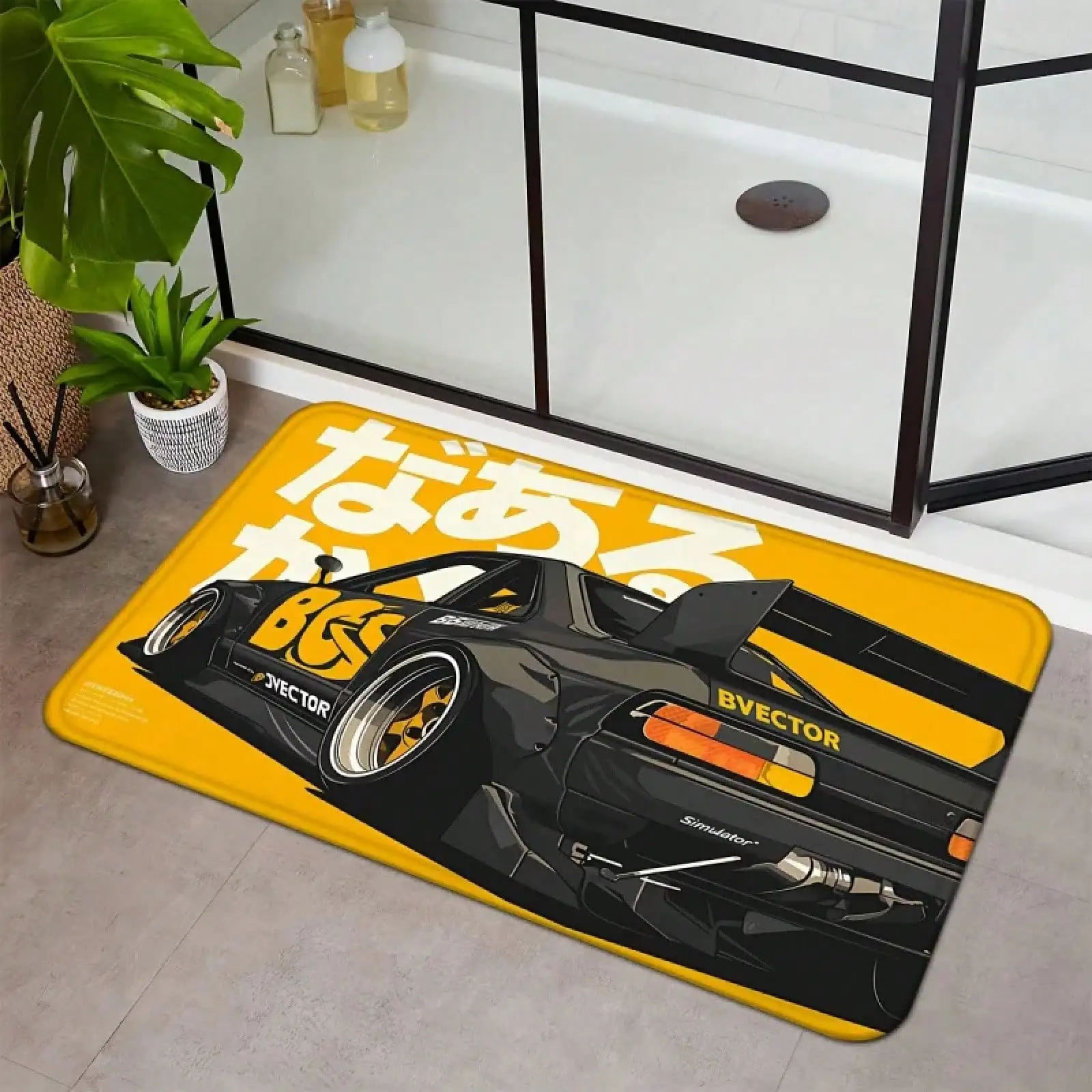 JDM Style Sports Car Door Mat Black Racing Car wit Yellow Accents Non-SlipRug Auto Enthusiast Entry Mat for Garag Multiple Sizes