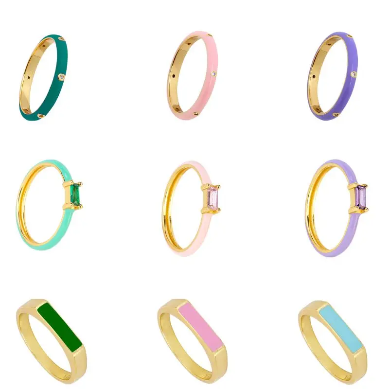 24K Gold-Plated /Silver Enamel Ring Slim Round Women Luxury Green /Purple/Pink Zircon CZ Rings Wedding Anniversary Fine Jewelry