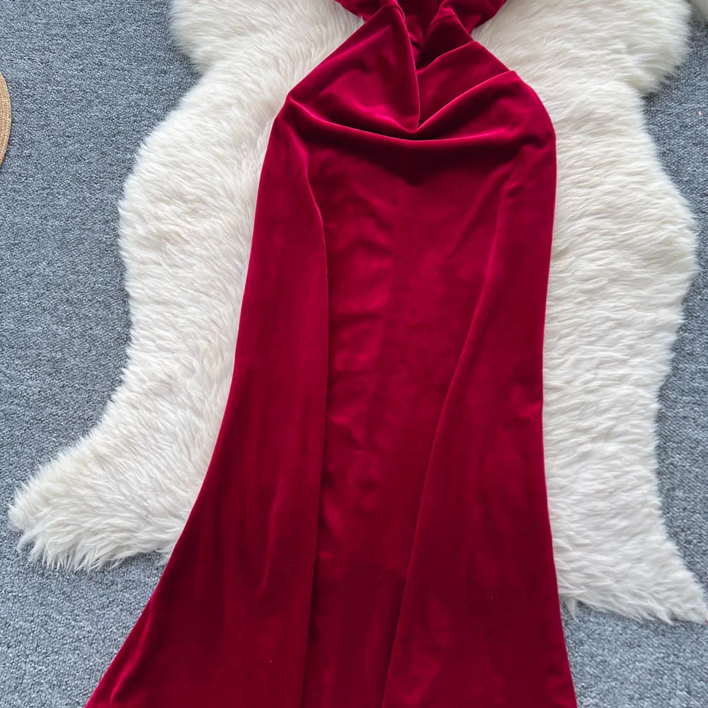 Vintage Elegant sleeveless velour rhinestone dress Ruched korean Fashion Vacation women clothing
