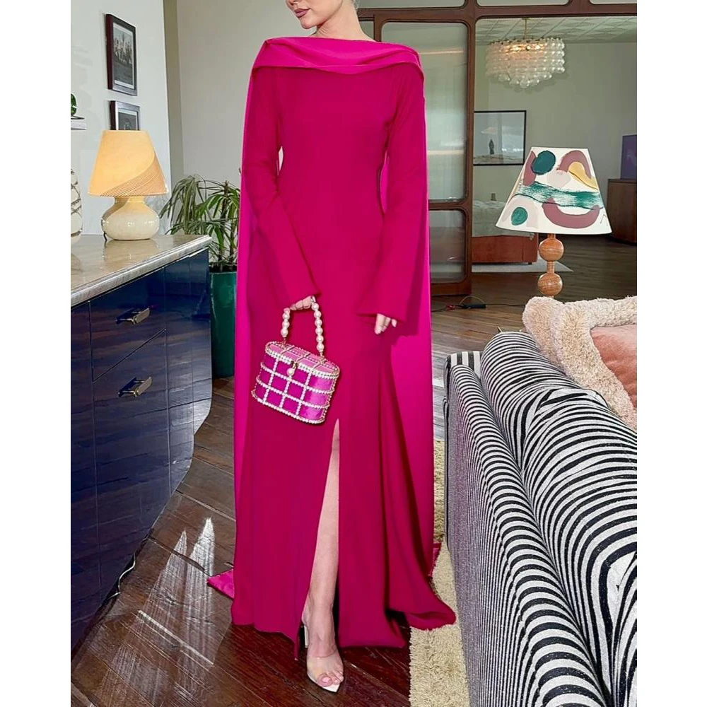 

Elegant Rose Red Evening Dresses with Cape Long Sleeves Saudi Araba Mermaid Wedding Party Gowns with Slit Prom Dress Customized