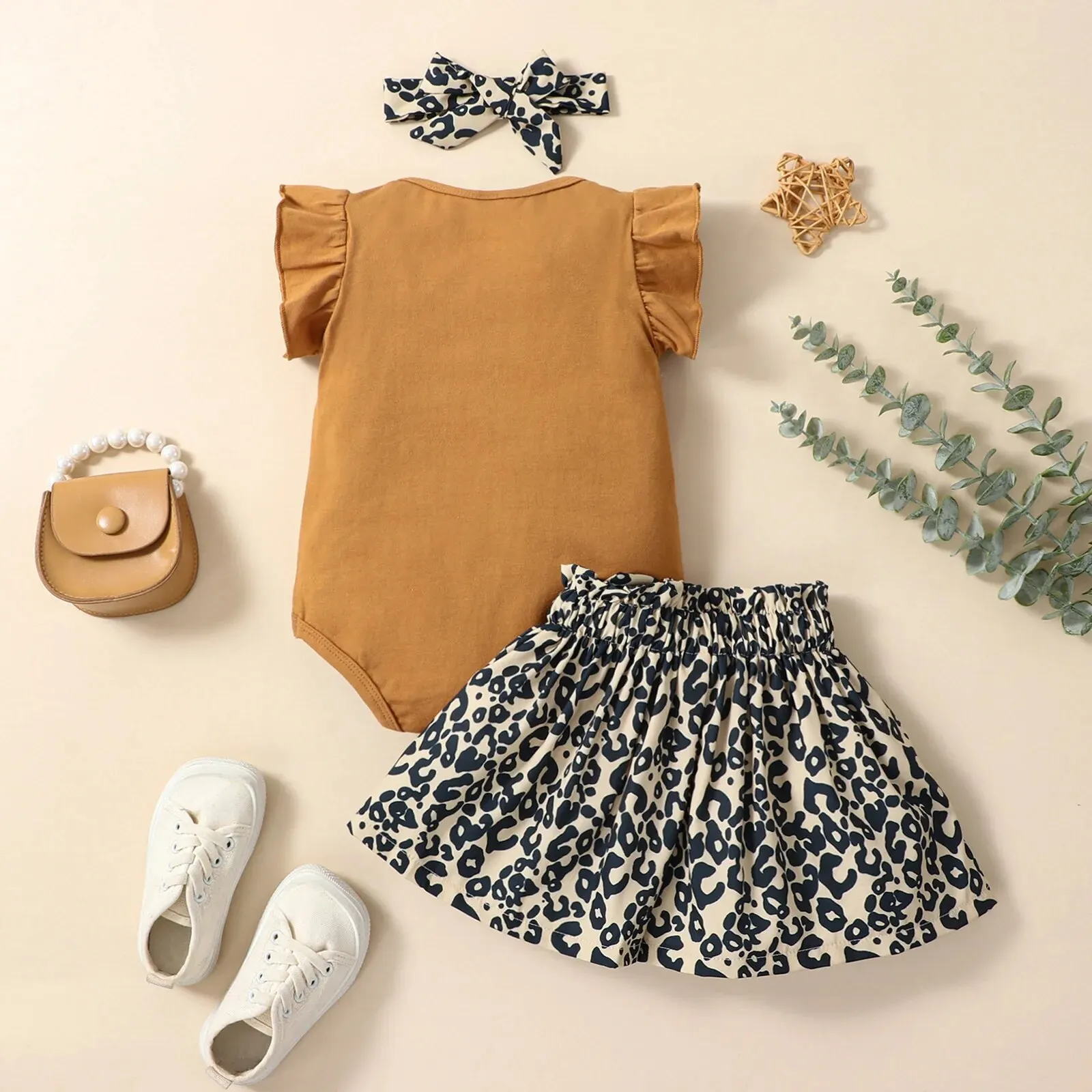 Baby Summer Clothing Newborn Infant Baby Girl Clothes Ruffled Sleeveless Jumpsuit+Leopard Skirt Headband 3Pcs Outfits