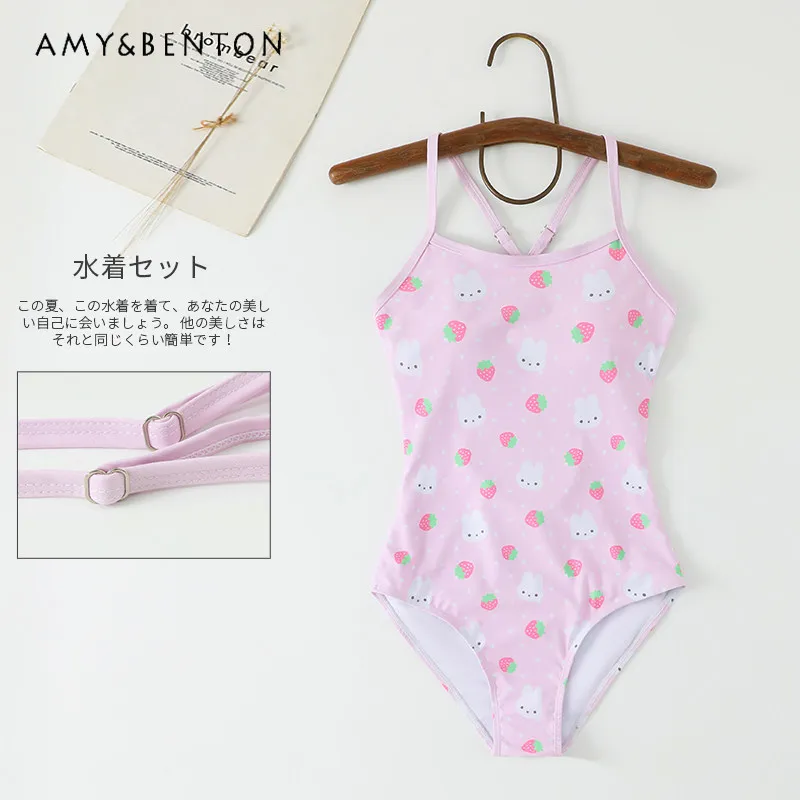 

Strawberry Bunny Cartoon Printed One-Piece Swimsuit Girls Suspender Cross Sexy Triangle Bathing Suit Women Lolita Swimwear
