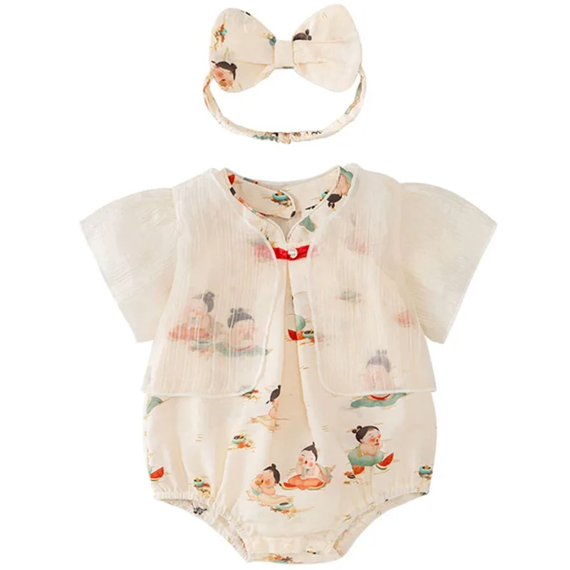 

3Piece Set Summer Newborn Girls Clothes China Style Cartoon Cute Print Cotton Coat+Sleeveless Bodysuit+Hair Band Baby Stuff B029
