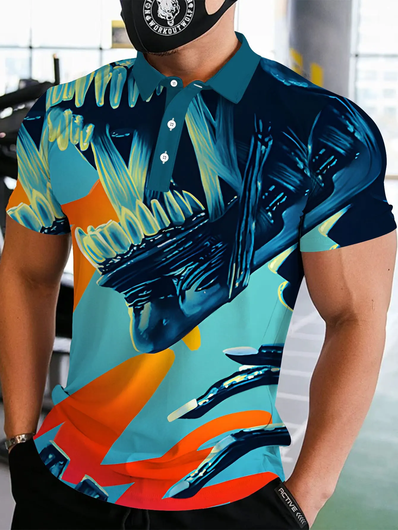 New men's short-sleeve polo shirt T-shirt, loose-fitting and tailored with printed patterns, versatile basic crew-neck top suita