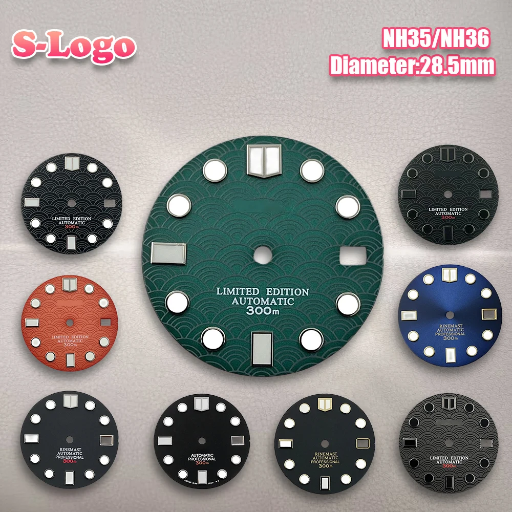 

28.5mm S Logo red Scale Dial Fit NH35/NH36/4R/7S Movement Green Luminous Repair tools Watch Modification Accessories
