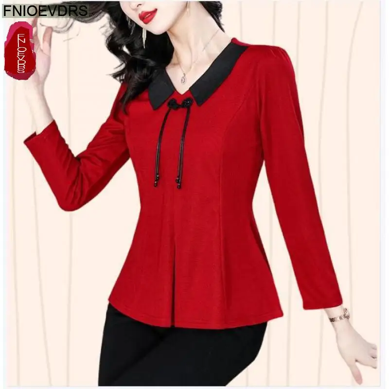 M-5XL New Year Red TopsWomen 2023 Autumn Elegant Office Lady Peplum Basic Shirts Casual Retro Vintage Bow Tie Blouses