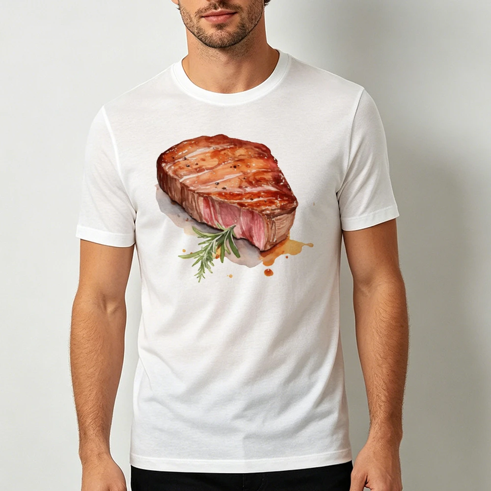 Watercolor Grilled Steak Rosemary Sauce Splash Graphic Men Summer T Shirt Gourmet Beef Food Art Casual Short Sleeve Tee