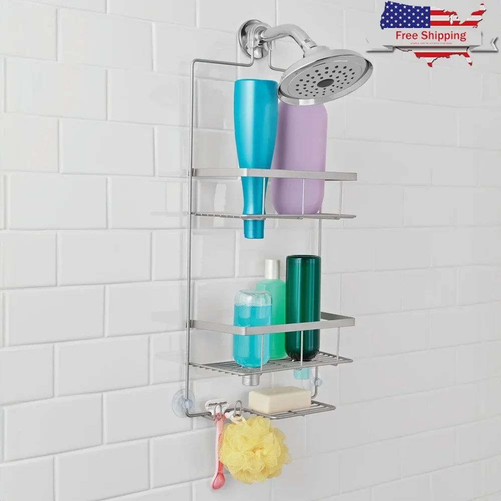 

Premium Hanging Shower Caddy 2 Shelves Rust Resistant Soap Tray Over Showerhead Storage Non Slip Collar Suction Cups Hooks