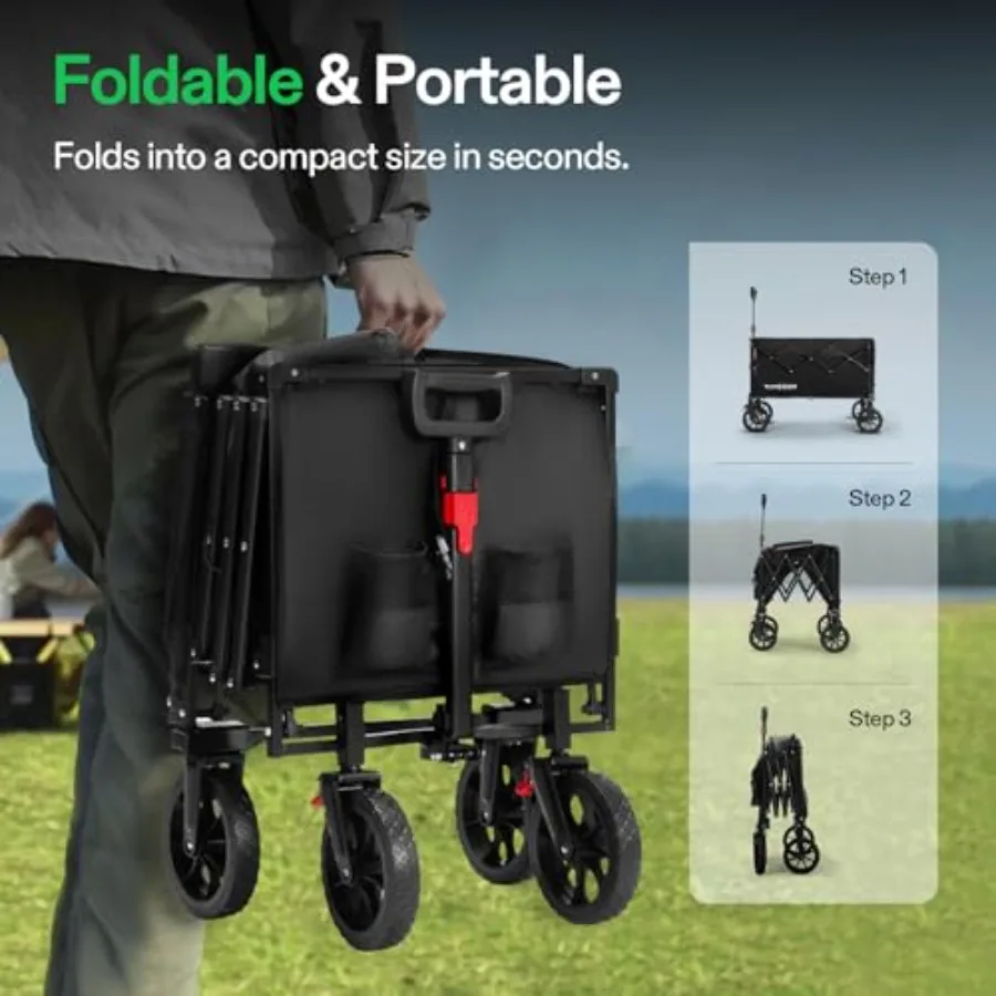 Wagon pliable avec hayon, capacité de 320lb, utilitaire d'extérieur avec roues tout-Terrain, porte-gobelets à poignée réglable pour le camping